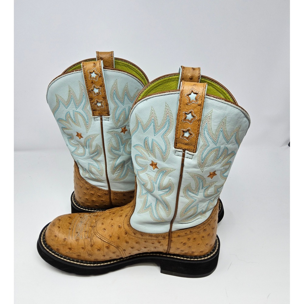 Ariat Cowboy Boots Women 9.5 B Fatbaby ProBaby Ostrich Leather Tan Blue